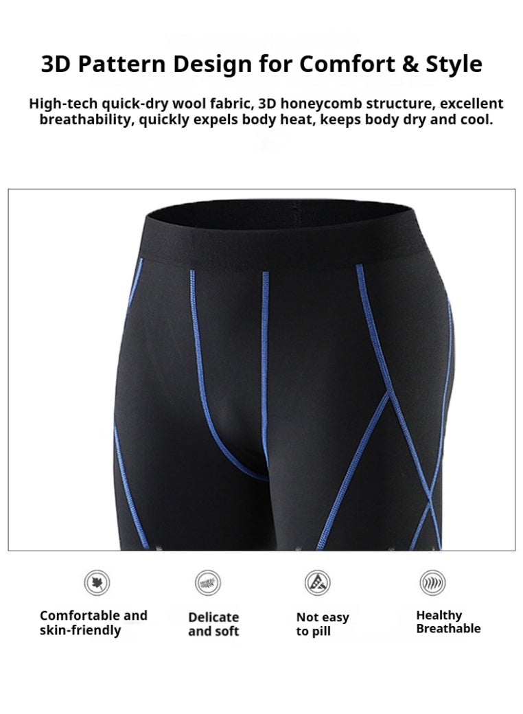 YUKE Men's Fitness Sports Compression Pants, Running, Fitness, Basketball Shorts - Sweat-wicking, Elastic, Five-Point Pants - Mid-rise design, anti-friction elasticity, quick-drying and breathable compression pants, suitable for training, running, and track and field (Black with blue stripes) - XL - Image 3