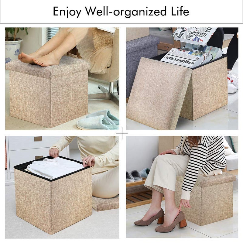 ASUVI Foldable Storage Ottoman Footrest Toy Box Coffee Table Stool Cum Sitting Stool Basket Cubes Organizer Containers with Lid 118x118x118 inch 28 X 28 X 28 CM Beige - Image 5