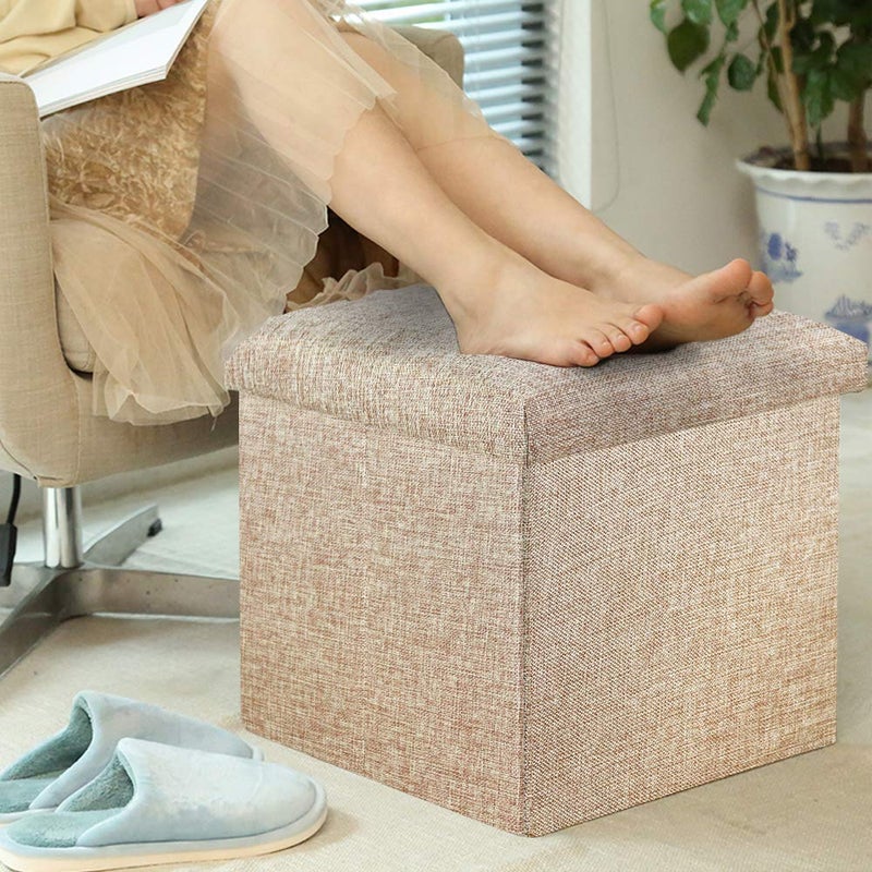 ASUVI Foldable Storage Ottoman Footrest Toy Box Coffee Table Stool Cum Sitting Stool Basket Cubes Organizer Containers with Lid 118x118x118 inch 28 X 28 X 28 CM Beige - Image 2