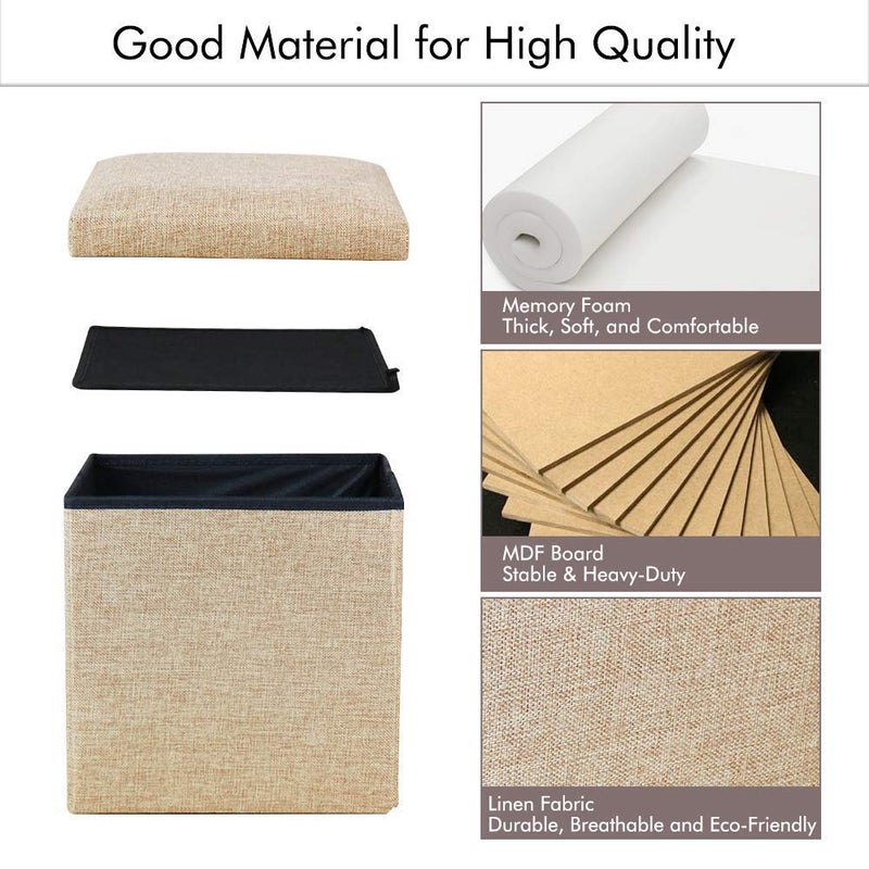 ASUVI Foldable Storage Ottoman Footrest Toy Box Coffee Table Stool Cum Sitting Stool Basket Cubes Organizer Containers with Lid 118x118x118 inch 28 X 28 X 28 CM Beige - Image 4