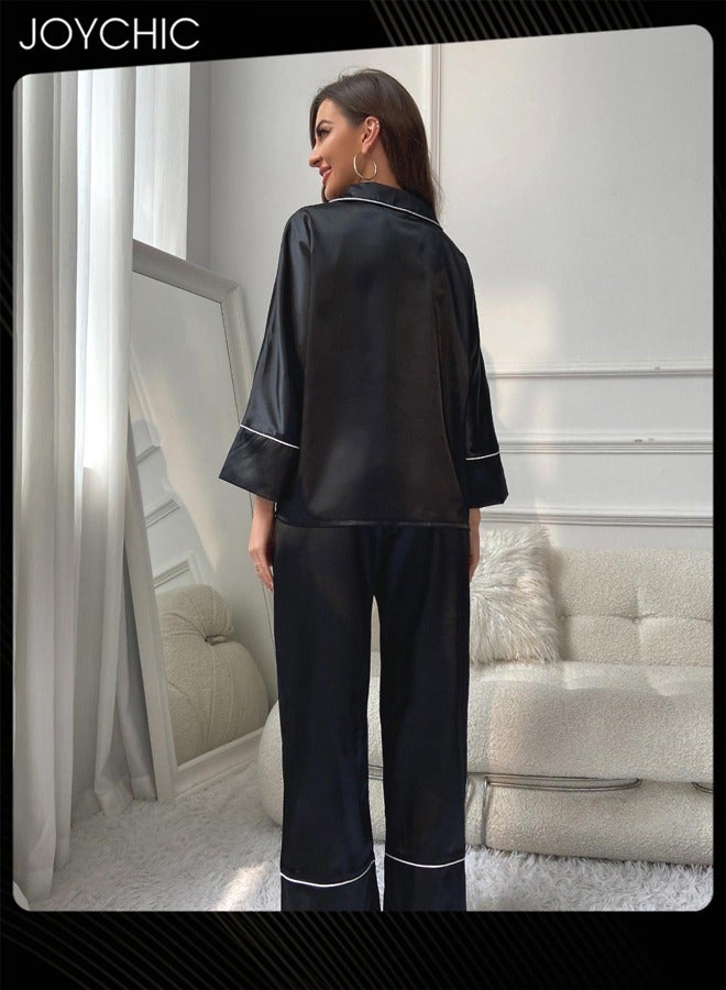 Joychic بيجامة كلاسيكية من قطعتين لفصلي الربيع والصيف والخريف من حرير الثلج ناعمة ومريحة فضفاضة للنساء، فستان نوم عادي، قميص بياقة، بنطلون طويل، ملابس منزلية، ملابس استرخاء، باللون الأسود - Image 3
