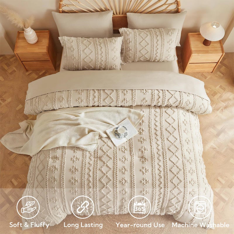 MR&HM King Size Comforter Set Beige, 7 Pieces Tufted Boho Beddding Sets, Farmhouse Style Bed in a Bag with 1 Comforter, 2 Pillow Shams, 2 Pillowcases, 1 Flat Sheet, 1 Fitted Sheet for All Seasons - Image 2