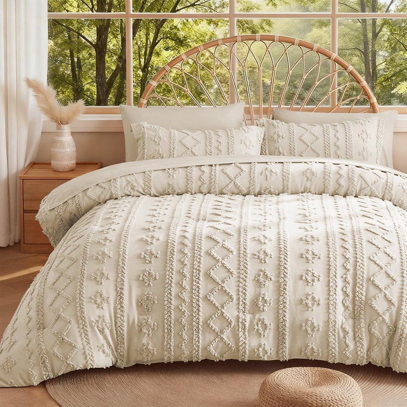 MR&HM King Size Comforter Set Beige, 7 Pieces Tufted Boho Beddding Sets, Farmhouse Style Bed in a Bag with 1 Comforter, 2 Pillow Shams, 2 Pillowcases, 1 Flat Sheet, 1 Fitted Sheet for All Seasons - Image 1