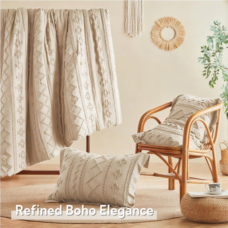 MR&HM King Size Comforter Set Beige, 7 Pieces Tufted Boho Beddding Sets, Farmhouse Style Bed in a Bag with 1 Comforter, 2 Pillow Shams, 2 Pillowcases, 1 Flat Sheet, 1 Fitted Sheet for All Seasons - Image 5