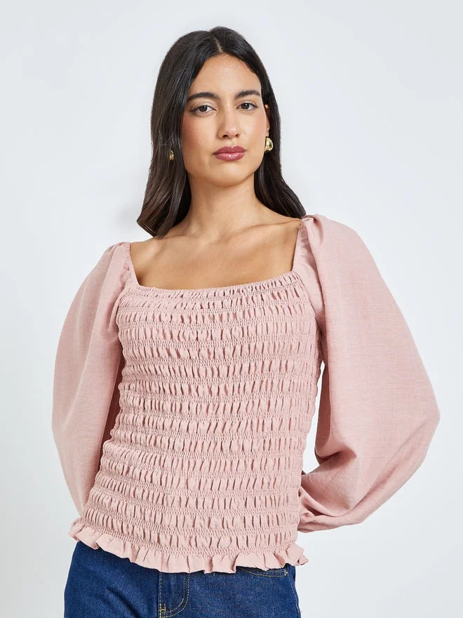 Styli Styli Pink Smocked Detail Balloon Sleeve Blouse