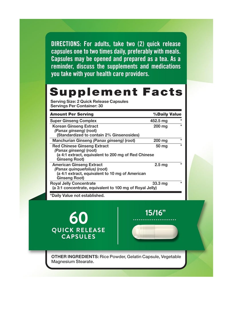 Nature's Truth Super Ginseng Complex plus Royal Jelly 800 mg Quick Release Capsules, 60 Capsules - Image 2