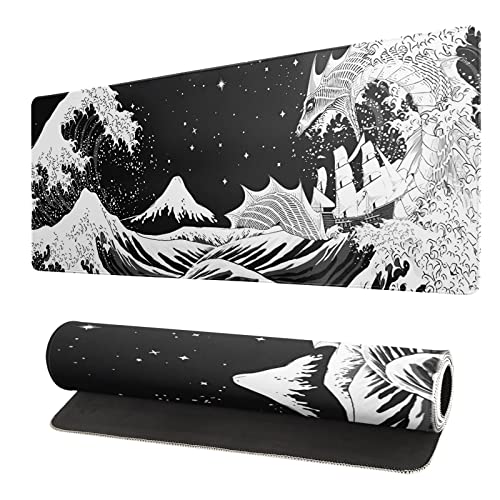Siski Black and White Japanese Wave Dragon Gaming Mouse Pad - Abstract Mat with Non-Slip Rubber Base, 31.5x11.8 Inch, Stitched Edges - Desk Pad for Office and Home - Image 1