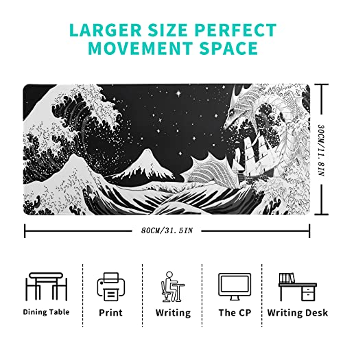 Siski Black and White Japanese Wave Dragon Gaming Mouse Pad - Abstract Mat with Non-Slip Rubber Base, 31.5x11.8 Inch, Stitched Edges - Desk Pad for Office and Home - Image 2