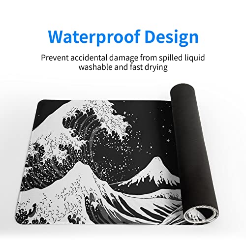Siski Black and White Japanese Wave Dragon Gaming Mouse Pad - Abstract Mat with Non-Slip Rubber Base, 31.5x11.8 Inch, Stitched Edges - Desk Pad for Office and Home - Image 4