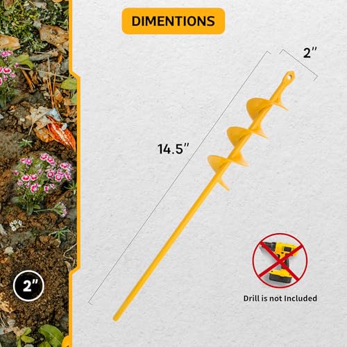 NAFOGAR Garden Auger Drill Bit for Planting - 2"(D) x14.5(L) - Post Hole Digger Drill Auger for Gardening Bulbs, Flowers, and Bedding Plant - Made to Fit in Any 3/8 Hex Drill (Yellow) - Image 2