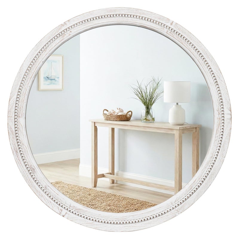 Pocetry 30" White Round Wood Mirror for Bathroom Vanity, Distressed Solid Wood Wall Mirror - French Country Beaded Circle Mirror for Coastal Bedroom & Nursery - Image 1