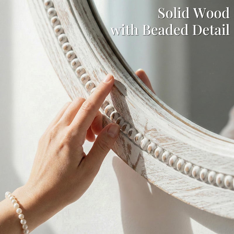 Pocetry 30" White Round Wood Mirror for Bathroom Vanity, Distressed Solid Wood Wall Mirror - French Country Beaded Circle Mirror for Coastal Bedroom & Nursery - Image 3