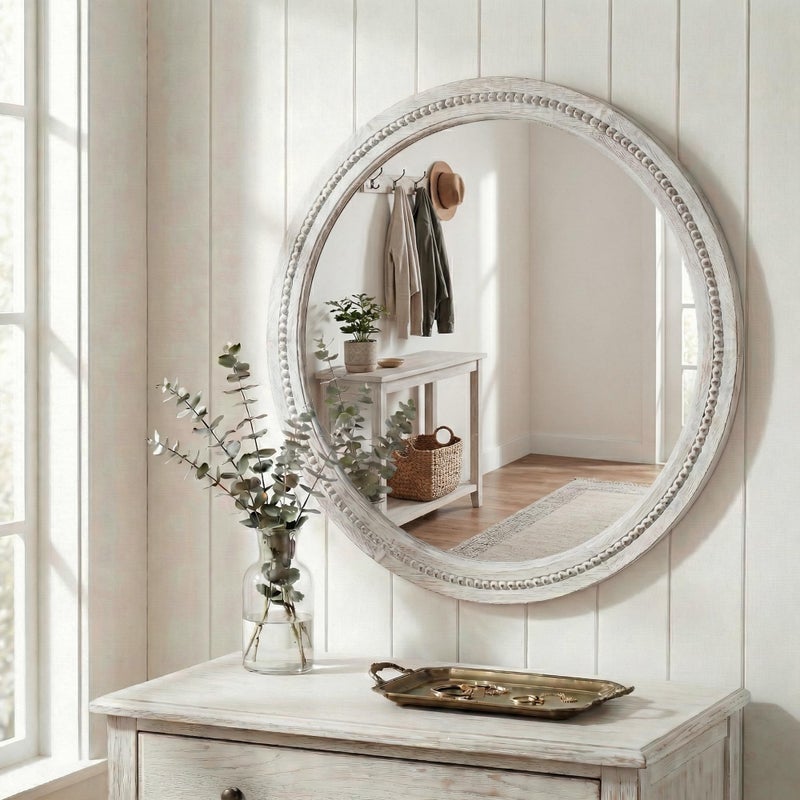 Pocetry 30" White Round Wood Mirror for Bathroom Vanity, Distressed Solid Wood Wall Mirror - French Country Beaded Circle Mirror for Coastal Bedroom & Nursery - Image 2