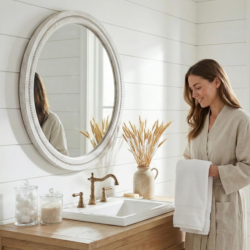 Pocetry 30" White Round Wood Mirror for Bathroom Vanity, Distressed Solid Wood Wall Mirror - French Country Beaded Circle Mirror for Coastal Bedroom & Nursery - Image 4