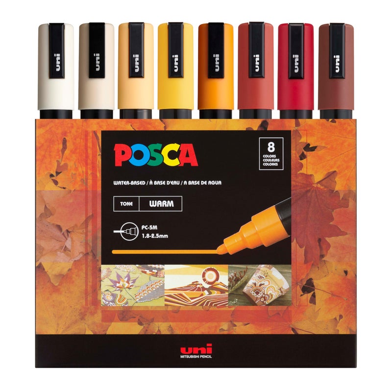 Posca Markers Set, 8 Medium Paint Markers 5M – Warm Tones – Ivory, Beige, Apricot, Ochre, Bright Yellow, Ruby Red, Dark Red, Cacao Brown - Image 1