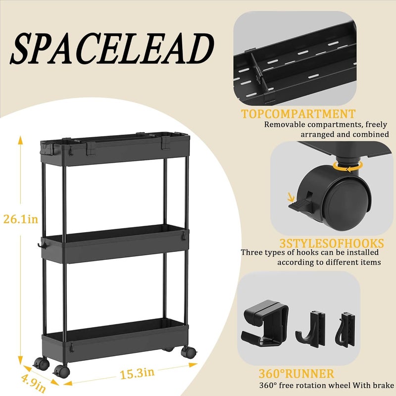 SPACELEAD Slim Storage Cart,3 Tier Bathroom Rolling Utility Cart Storage Organizer Slide Out Cart, Mobile Shelving Unit Organizer Trolley for Office Bathroom Kitchen Laundry Room Narrow Places, Black - Image 3