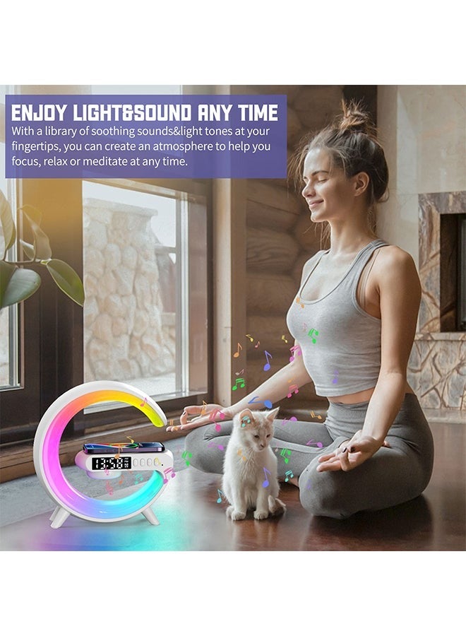 Raxoom شاحن لاسلكي مع مصباح جو، مكبر صوت بلوتوث LED محمول، شاحن لاسلكي مع مصباح مكتبي بجانب السرير، ضوء ليلي RGB، مصباح موسيقى صغير مع ساعة منبه رقمية، مكبر صوت - Image 3