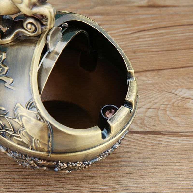Red Copper Metal Ashtray With Secure Lid Dragon Zodiac Carving Home Decoration - Image 4