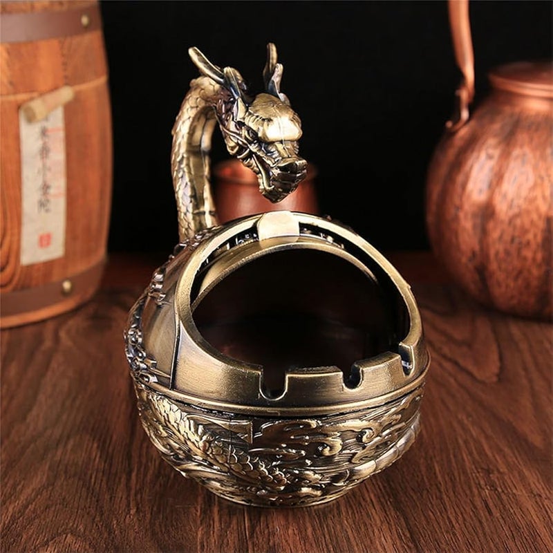 Red Copper Metal Ashtray With Secure Lid Dragon Zodiac Carving Home Decoration - Image 5