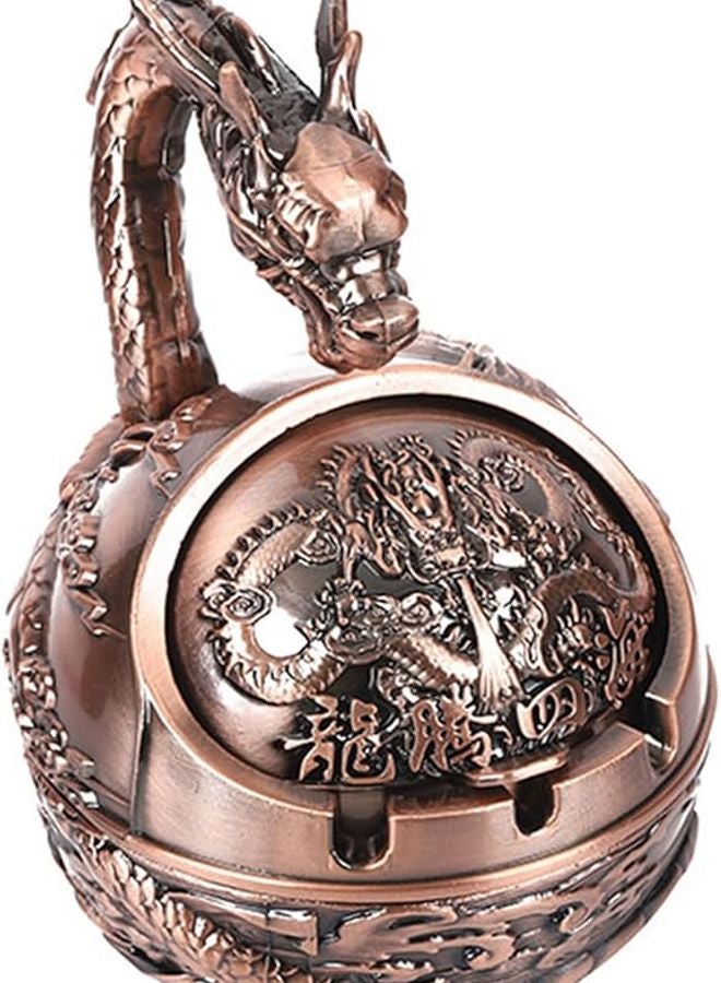Red Copper Metal Ashtray With Secure Lid Dragon Zodiac Carving Home Decoration - Image 1