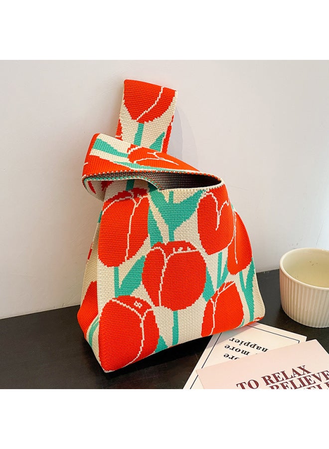 Festival Knitted Bag Accompanying Gift Bag Full Moon Gift Wedding Banquet Gift Bag 61 Children's Day Exquisite Gift Handbag Tote Bag-Color:Red Tulip-Size:20*10*36 - Image 1