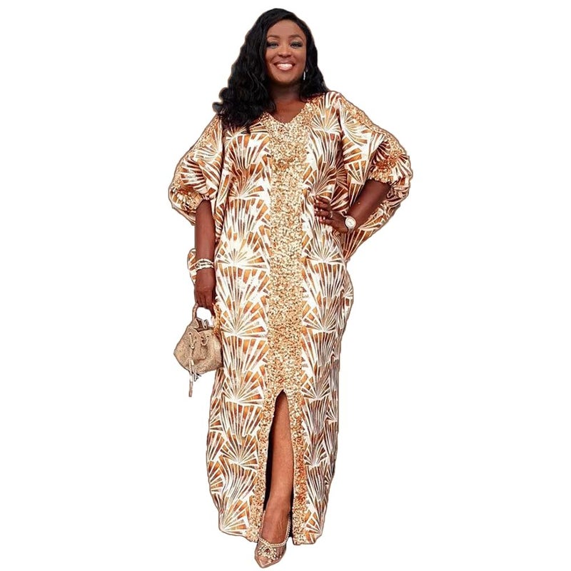 HD African Bubu Dress for Woman Sequin V Neck Champagne Front Slit Caftan Gown - Image 1