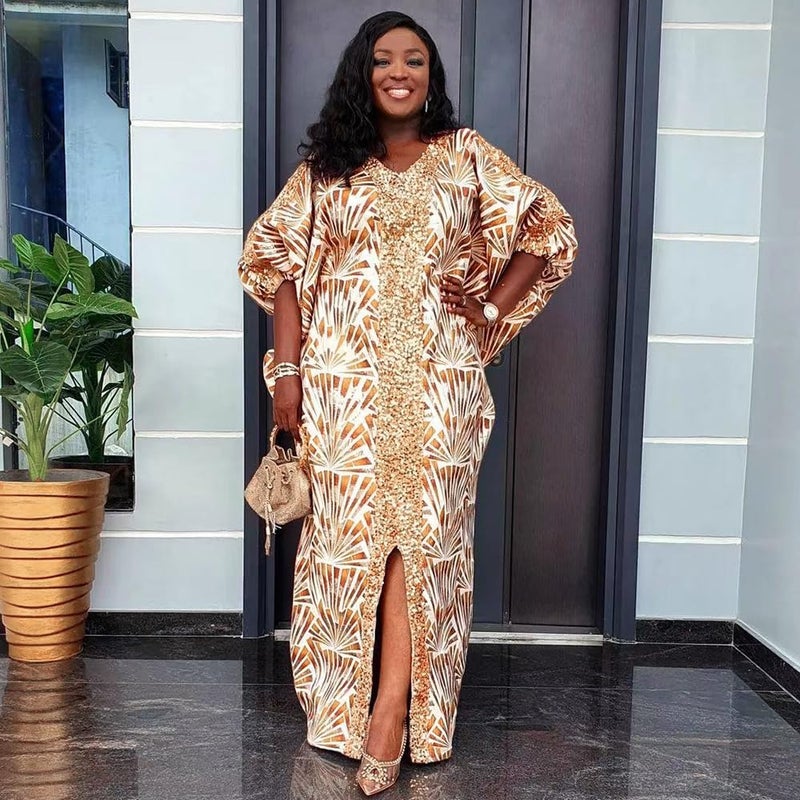 HD African Bubu Dress for Woman Sequin V Neck Champagne Front Slit Caftan Gown - Image 2