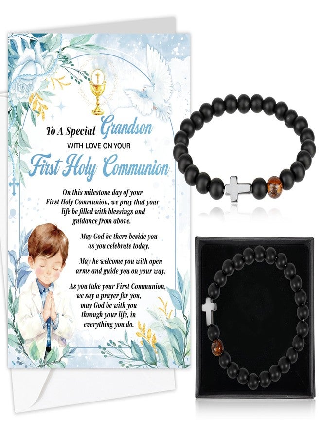 HOWAF First Holy Communion Card for Grandson & Black Natural Stone Cross Bracelet, Gift Box for 1st Holy Communion Gifts for Grandson - Image 1