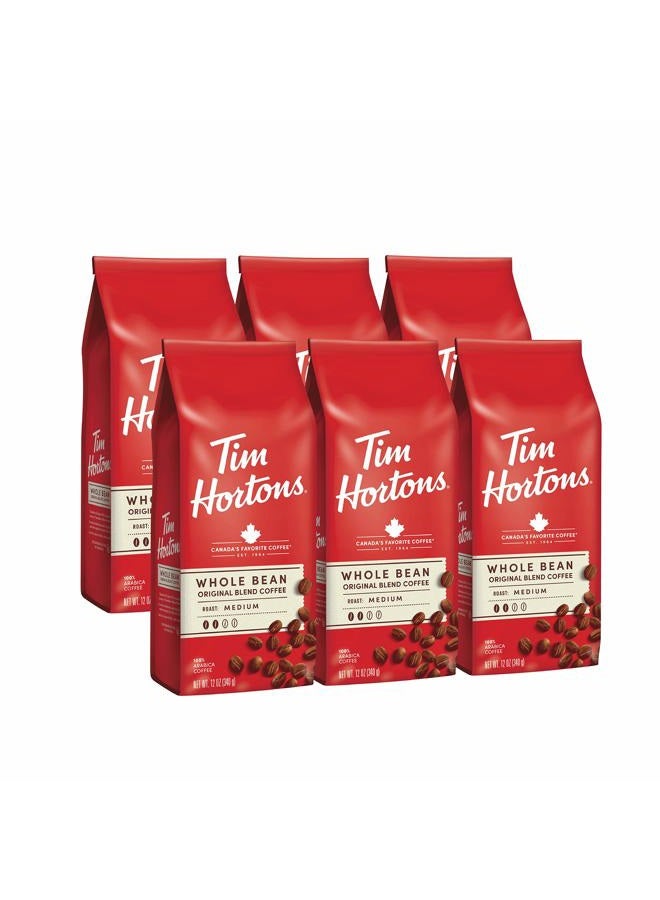 Tim Hortons Whole Bean Original, Medium Roast Coffee, Made with 100% Arabica Beans, 12 Ounce Bag, 6-Pack - Image 1