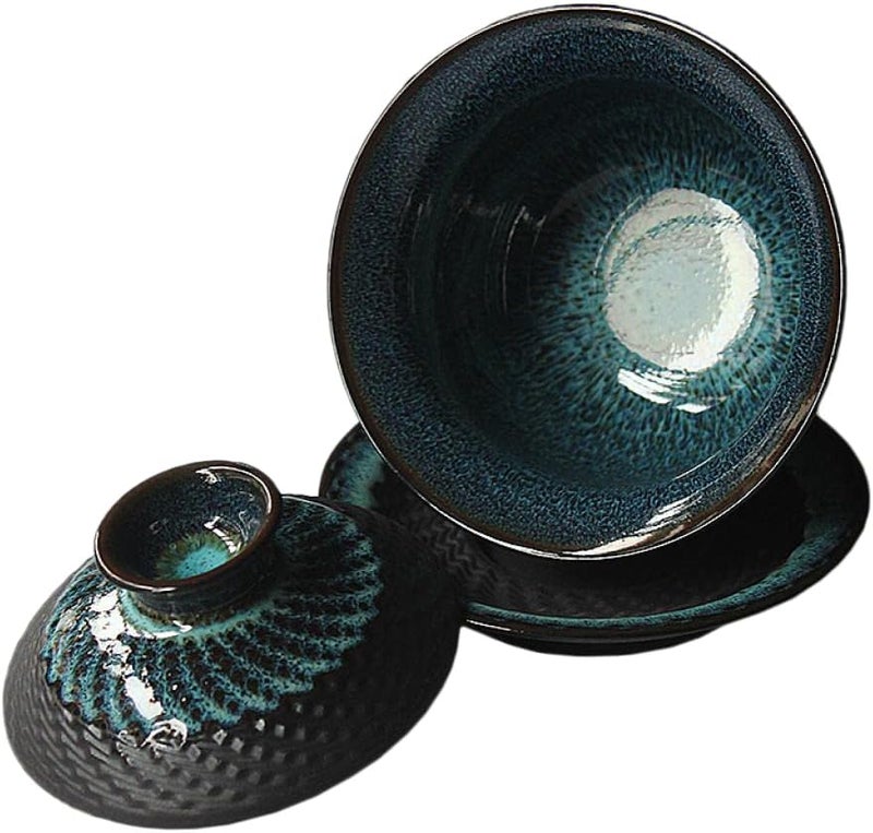 Gaolinci Kiln Glazed Ceramic Jianzhan Teacup Kung Fu Tea Cup and Saucer with Lid 5 Oz Sancai Gaiwan - Image 1