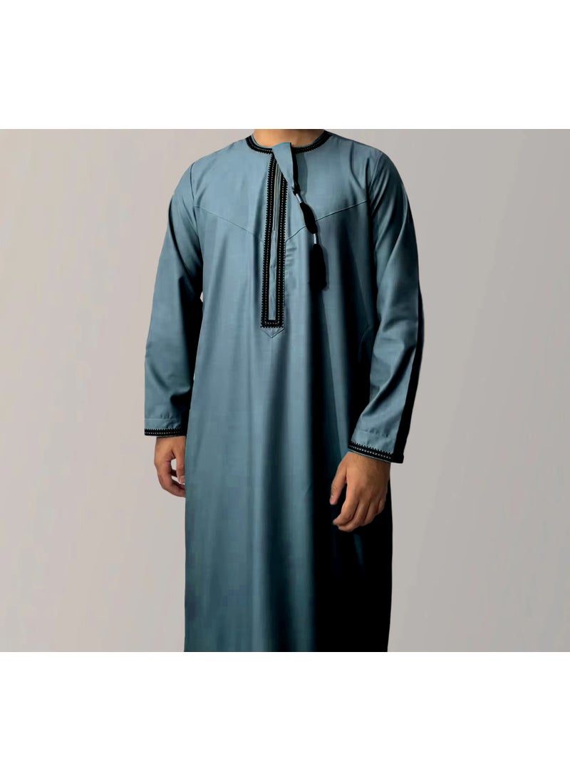 Generic New Arrival Cross-Border Solid Color Round Neck Embroidery Coarse Males Long Sleeve Kaftan Arabian Saudi Arabia Mens Kaftan 5#green  - Image 1