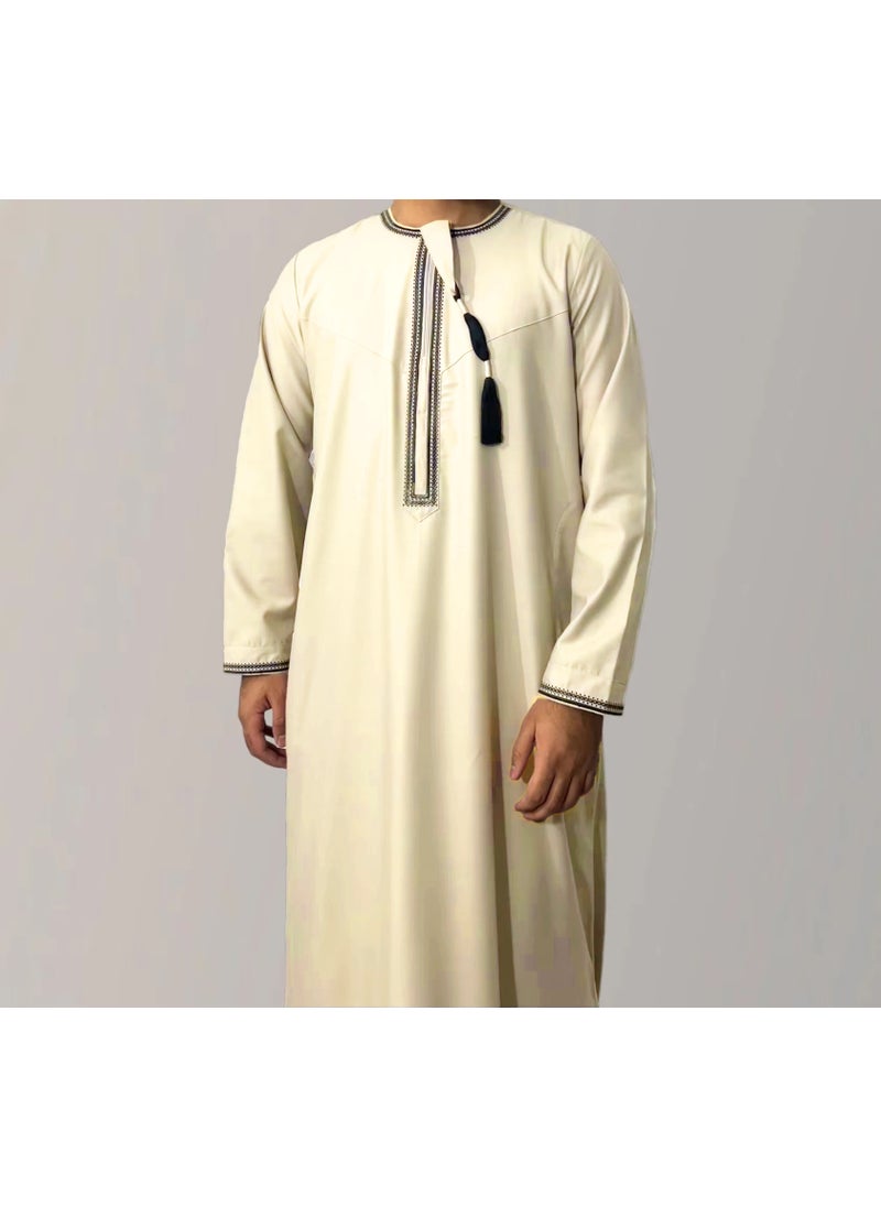 Generic New Arrival Cross-Border Solid Color Round Neck Embroidery Coarse Males Long Sleeve Kaftan Arabian Saudi Arabia Mens Kaftan 5#green  - Image 2