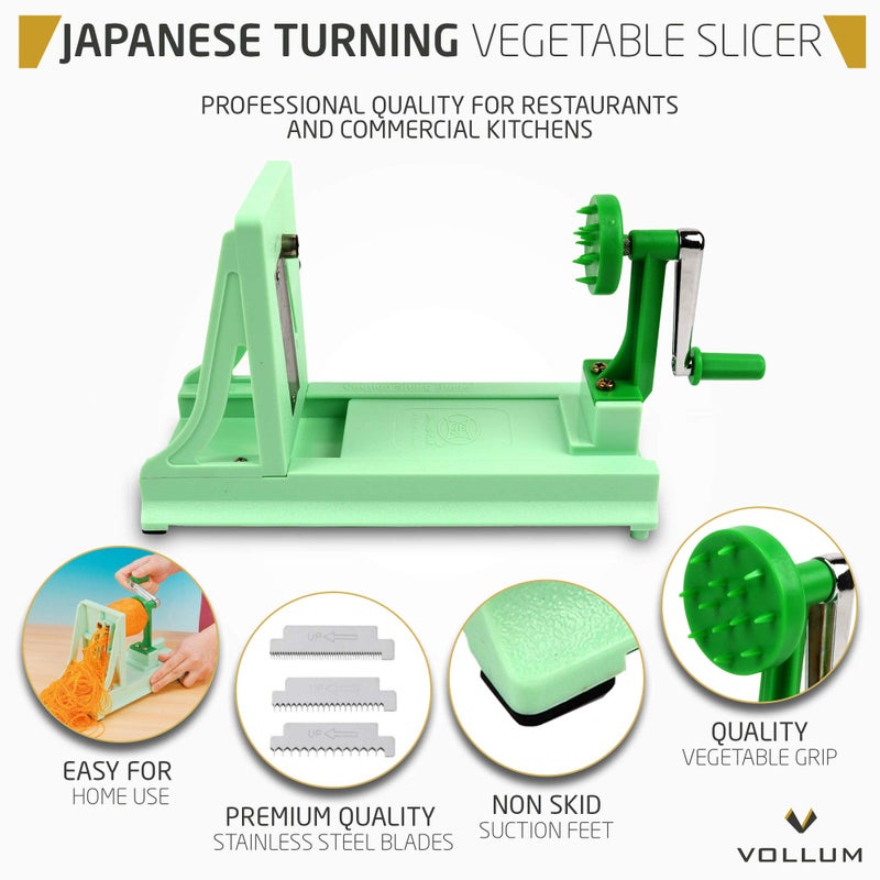 Vollum Japanese Turning Vegetable Spiralizer, Veggie Spiralizer For Fresh Zucchini, Squash, Butternut Squash with 1 Straight-Edged Blade and 3 Serrated Blades Multiple - Image 3