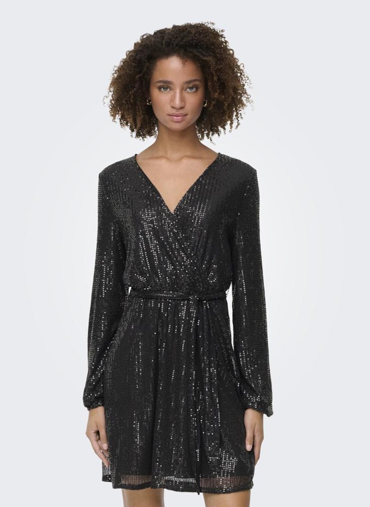 ONLY Onlanni Long Sleeve Sequins Wrap Dress - Image 5
