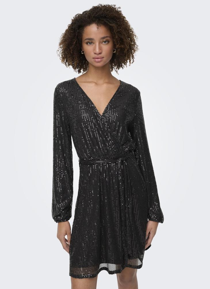 ONLY Onlanni Long Sleeve Sequins Wrap Dress - Image 3