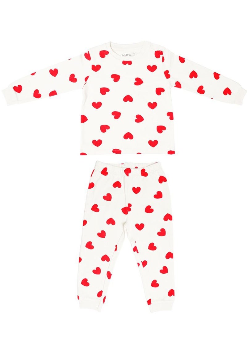 AIKO AIKO - Girls Red Heart Print Long Two Piece Pyjama Set 12-18 Months - Image 1