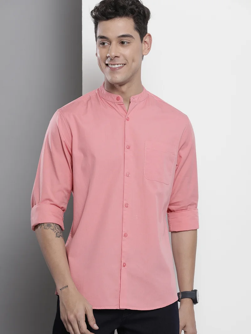 The Indian Garage Co Men Regular Fit Solid Full Sleeves Mandarin Collar Casual Shirt