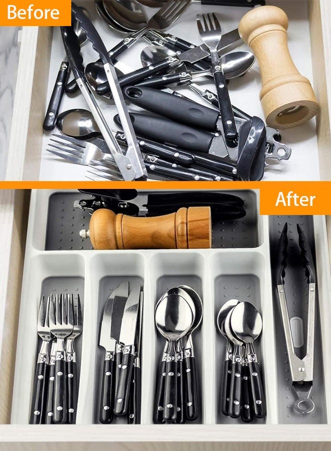 Hanayo Cutlery Drawer Organiser Kitchen Drawer Organizer Durable Non-Slip Cutlery Holder Utensil Tray for Kitchen Plastic Storage Dividers for Spoons Forks Knives(6 Grid,White)  - Image 2