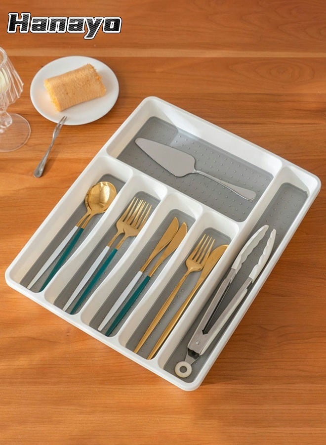 Hanayo Cutlery Drawer Organiser Kitchen Drawer Organizer Durable Non-Slip Cutlery Holder Utensil Tray for Kitchen Plastic Storage Dividers for Spoons Forks Knives(6 Grid,White)  - Image 1