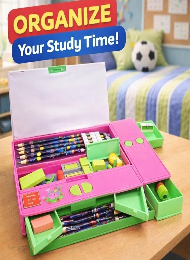 سماكس علبة أقلام بلاستيكية من SMAX للأطفال، حجم جامبو، متعددة الوظائف، بتصميم رائد فضاء، علبة أقلام هندسية مع مبراة مدمجة للأولاد والبنات (نمط تصميم عشوائي) (وردي) - Image 3
