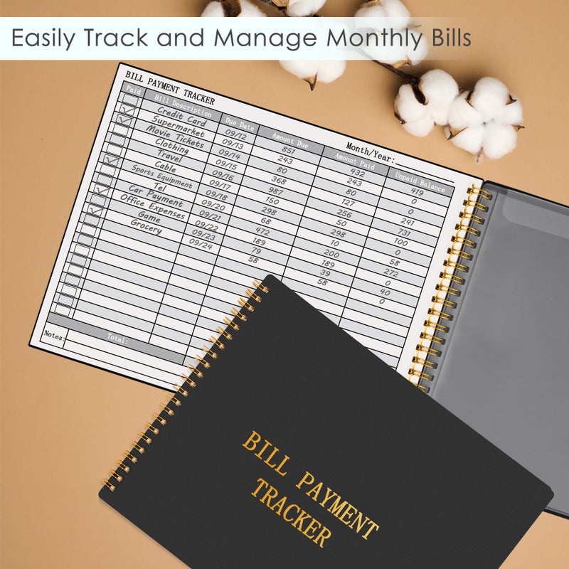 HAUTOCO Bill Tracker Notebook Monthly Bill Payment Tracker for Personal Budgeting Home Financial with 2 Storage Pocket, Payments Checklist Organizer Bill Planner 10.1 x 7.8'', Black - Image 2