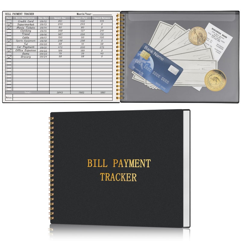 HAUTOCO Bill Tracker Notebook Monthly Bill Payment Tracker for Personal Budgeting Home Financial with 2 Storage Pocket, Payments Checklist Organizer Bill Planner 10.1 x 7.8'', Black - Image 1