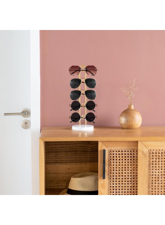 Soofam Sunglasses And Eyeglass Display Stand, Sunglasses Organizer Glasses Holder Stand Sunglass Storage Eyeglasses Rack Metal Frame with Wood Base for 5 Pairs of Eyewear Display for Table Desk Countertop Dresser Bedroom, Set of 1, Gold - Image 3