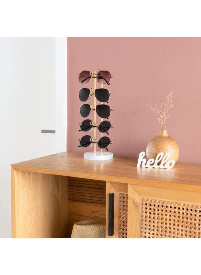 Soofam Sunglasses And Eyeglass Display Stand, Sunglasses Organizer Glasses Holder Stand Sunglass Storage Eyeglasses Rack Metal Frame with Wood Base for 5 Pairs of Eyewear Display for Table Desk Countertop Dresser Bedroom, Set of 1, Gold - Image 4