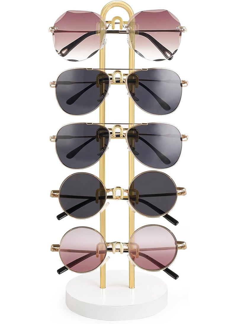 Soofam Sunglasses And Eyeglass Display Stand, Sunglasses Organizer Glasses Holder Stand Sunglass Storage Eyeglasses Rack Metal Frame with Wood Base for 5 Pairs of Eyewear Display for Table Desk Countertop Dresser Bedroom, Set of 1, Gold - Image 1