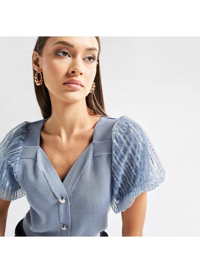 Splash FAV Knit Top with V-neck and Embroidered Organza Puff Sleeves