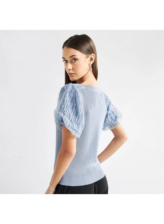 Splash FAV Knit Top with V-neck and Embroidered Organza Puff Sleeves