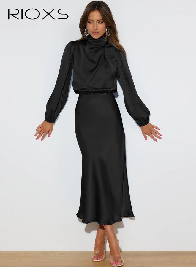 ريوكس فستان نسائي طويل الأكمام برقبة عالية من الساتان، فستان حفلات طويل بخصر عالي مطاطي للسيدات، فستان رسمي صيفي قابل للتنفس، فستان كوكتيل أنيق للعمل والتخرج، مناسب لحفلات الزفاف والحفلات والمواعيد والمكتب والمزيد، أسود - Image 2