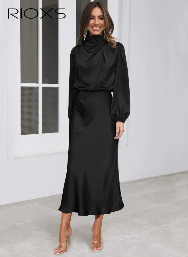 ريوكس فستان نسائي طويل الأكمام برقبة عالية من الساتان، فستان حفلات طويل بخصر عالي مطاطي للسيدات، فستان رسمي صيفي قابل للتنفس، فستان كوكتيل أنيق للعمل والتخرج، مناسب لحفلات الزفاف والحفلات والمواعيد والمكتب والمزيد، أسود - Image 1