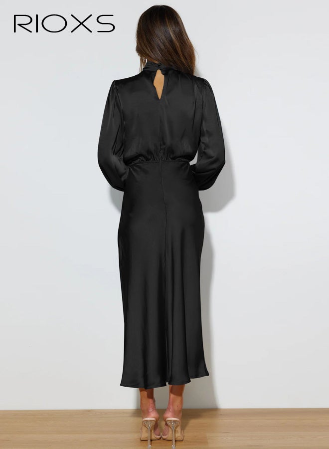 ريوكس فستان نسائي طويل الأكمام برقبة عالية من الساتان، فستان حفلات طويل بخصر عالي مطاطي للسيدات، فستان رسمي صيفي قابل للتنفس، فستان كوكتيل أنيق للعمل والتخرج، مناسب لحفلات الزفاف والحفلات والمواعيد والمكتب والمزيد، أسود - Image 3